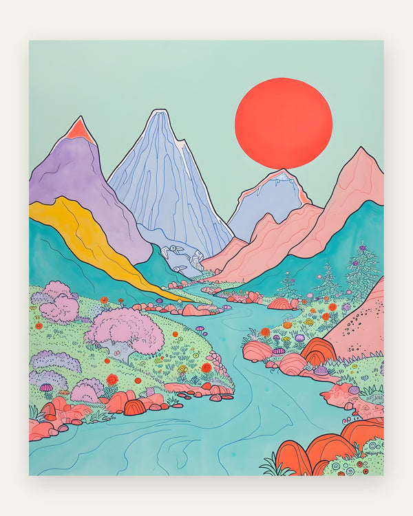 Børneplakat med naive pastelbjerge i lavendel, blå og pink, koralrød sol og grøn blomstereng med turkis flod til børneværelset