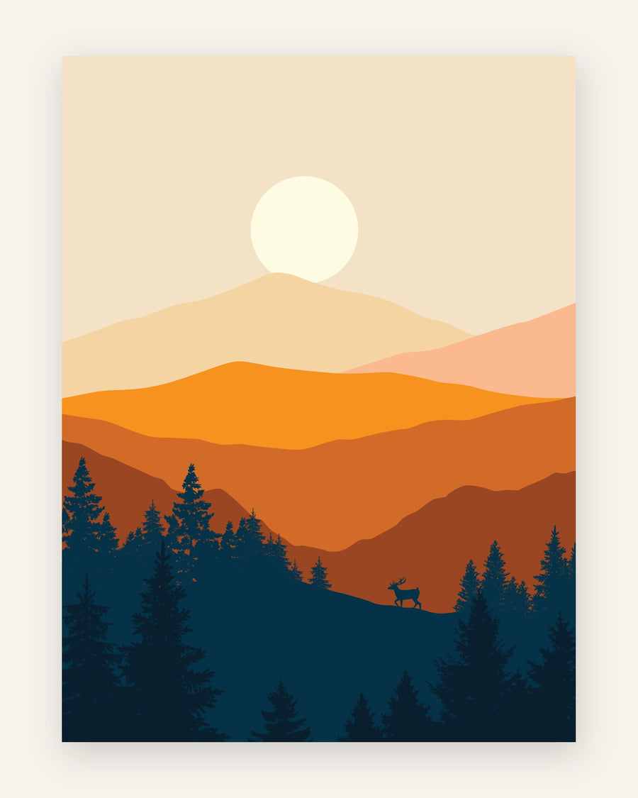 Minimalistisk landskabsplakat med orange og rustfarvede bjerge, en mørk nåletræsskov og en hjort i silhuet ved solnedgang