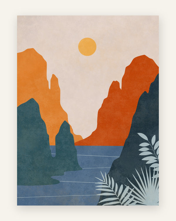 Børneplakat med orange klipper, mørk blågrønne klipper og blåt hav med lyseblå bregneblade ved solnedgang til børneværelset