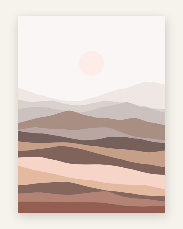Børneplakat med pudderrosa sol og bølgende bjerge i støvet rosa, mauve og brun til pigeværelset