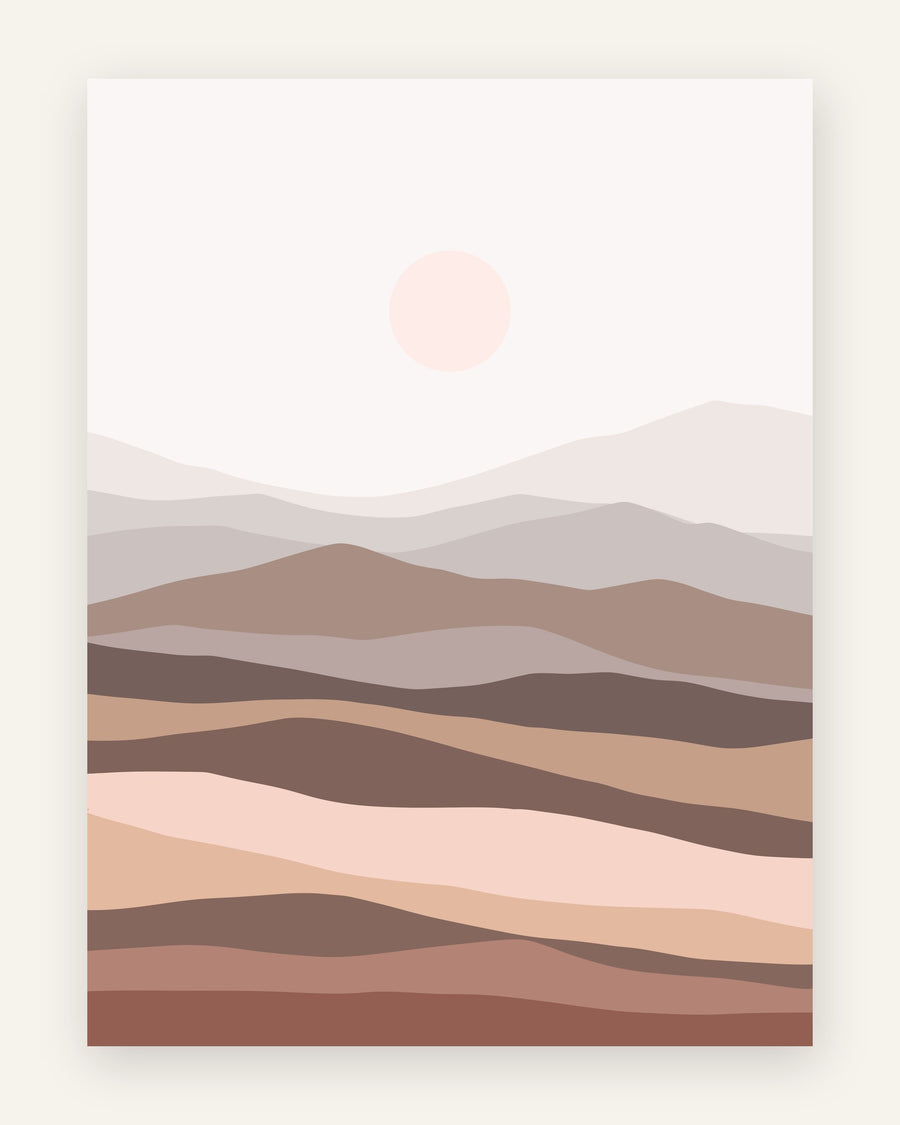 Børneplakat med pudderrosa sol og bølgende bjerge i støvet rosa, mauve og brun til pigeværelset