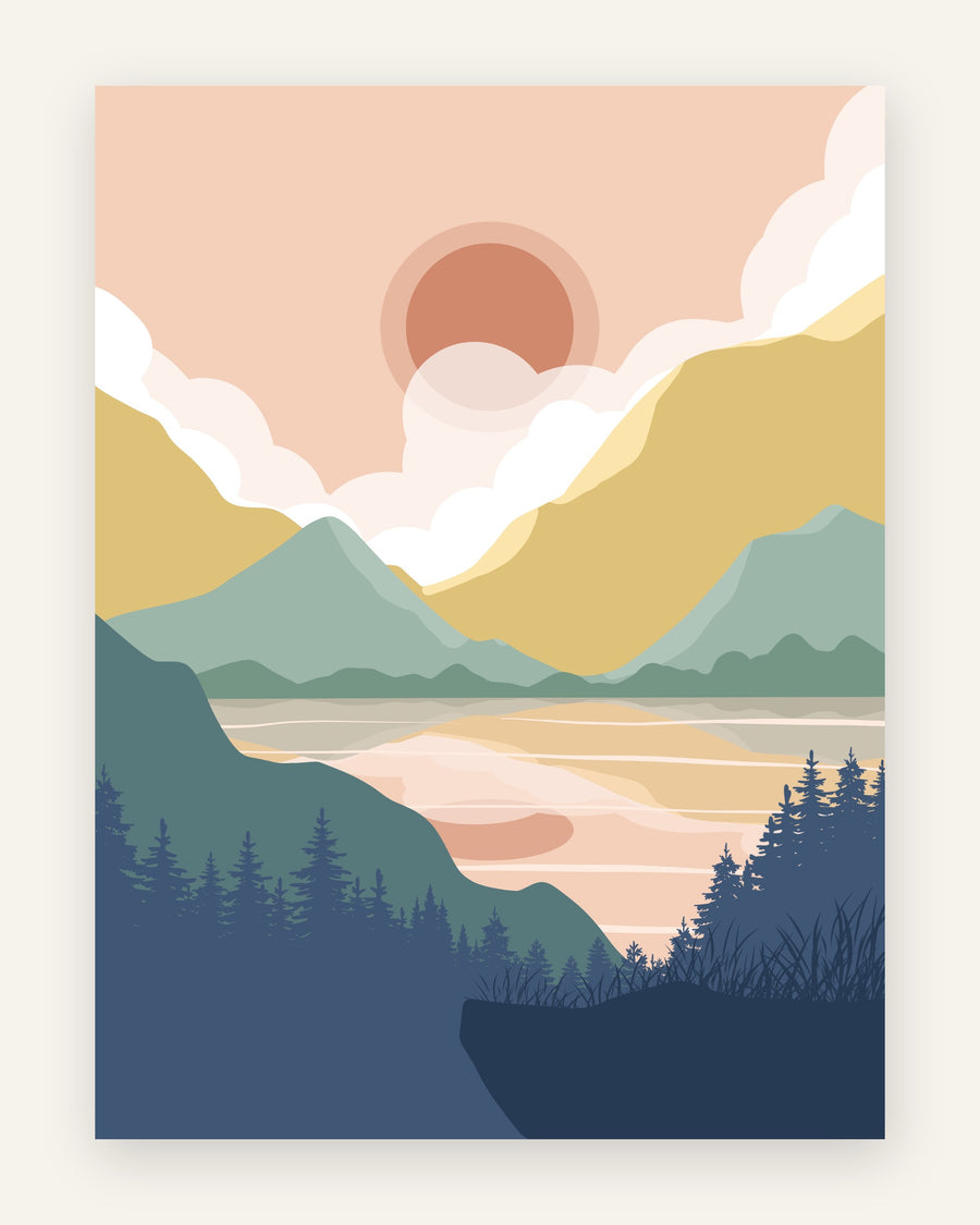 Børneplakat med laksrosa top, oliven bjerge, mørkegrøn skov og blå bjergsø med spejling til børneværelset