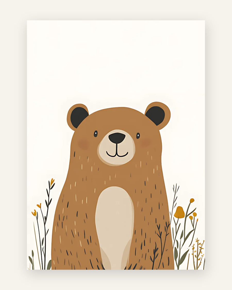 Sød, minimalistisk børneplakat med en brun bjørn siddende blandt små gule markblomster og græs, til børneværelset.