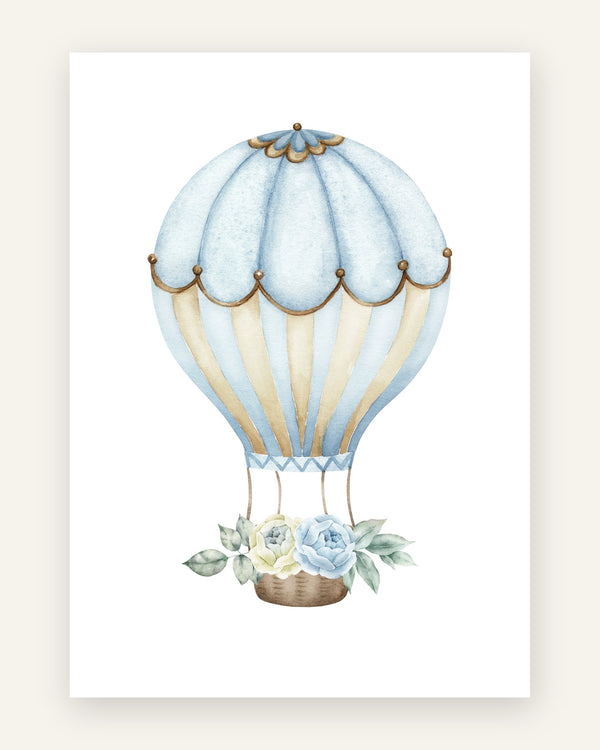 Børneplakat med blå luftballon med roser til børneværelset