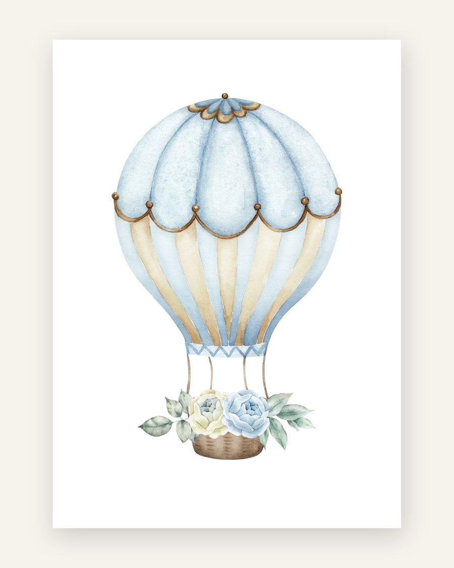 Børneplakat med blå luftballon med roser til børneværelset