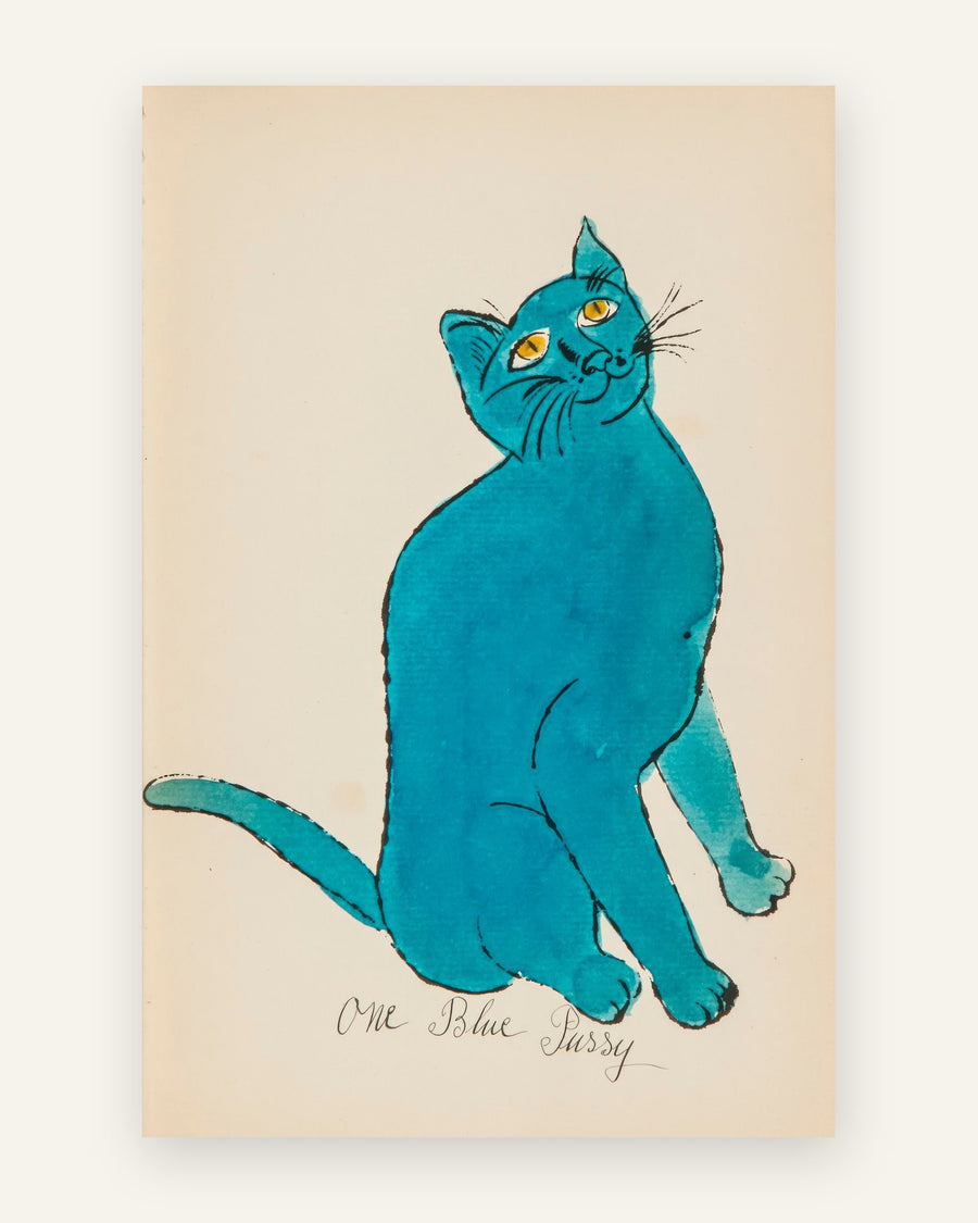 Vintage kunstplakat med turkisblå kat med gule øjne i tuschstreg og akvarel på cremefarvet, patineret papir