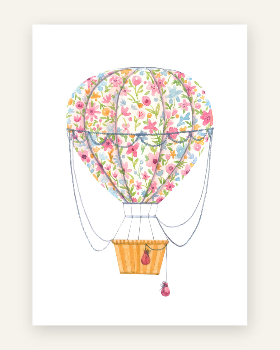 Børneplakat med blomstret luftballon i friske farver til pigeværelset