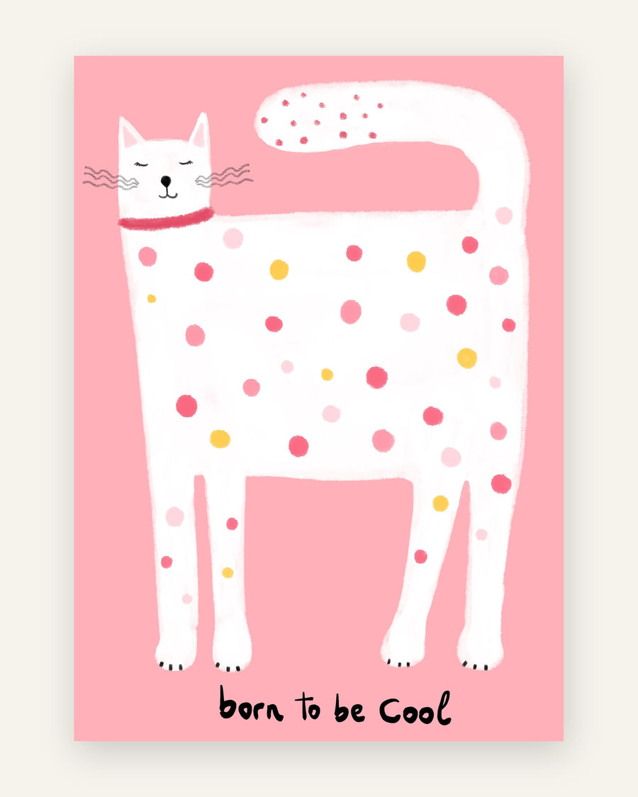 Børneplakat med born to be cool kat i lyserøde toner til pigeværelset