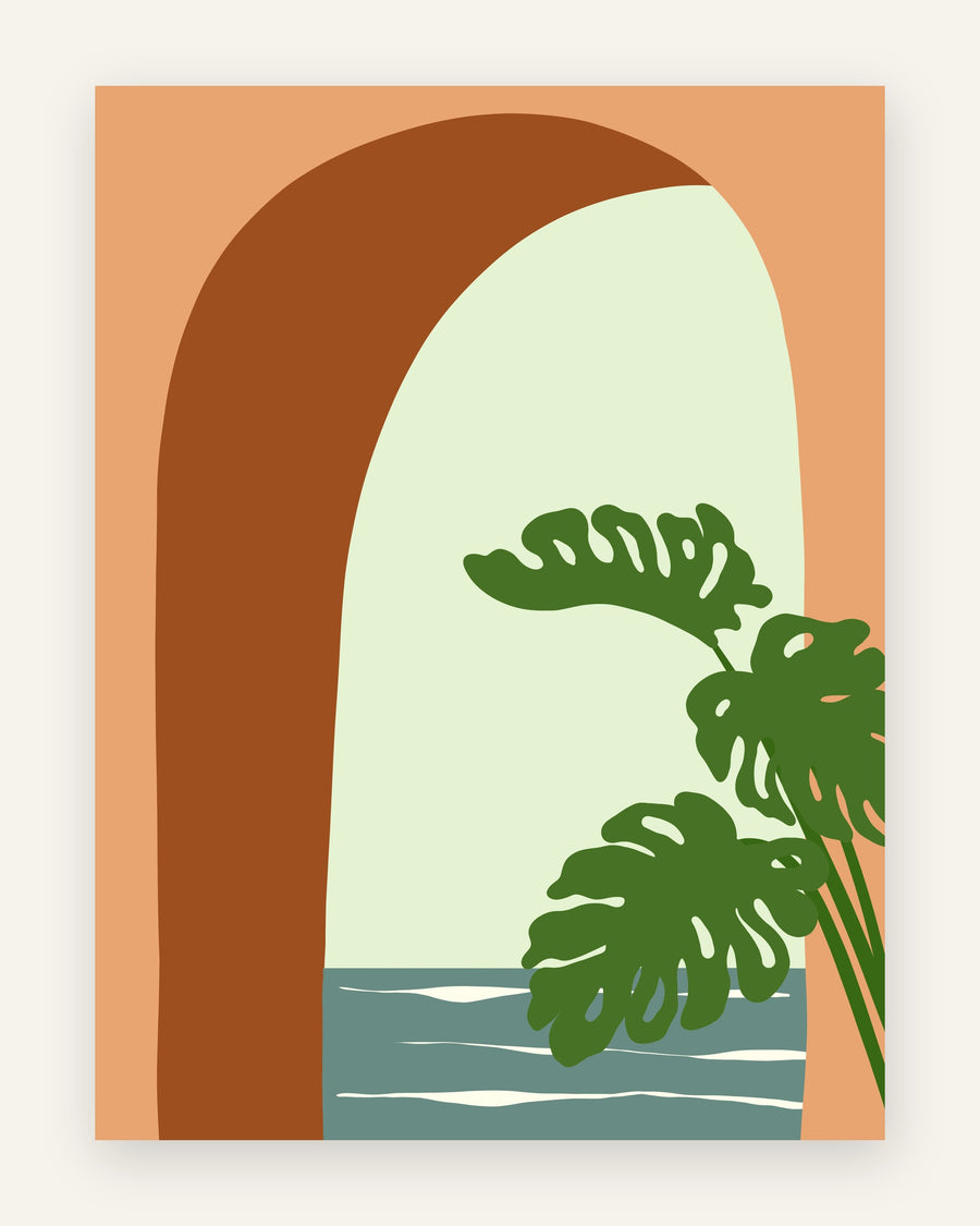 Plakat med bue med havudsigt & monstera i grønne toner
