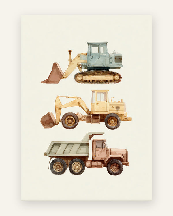Børneplakat med tre byggemaskiner i akvarel: blå bulldozer, gul gummiged og lastbil i jordfarver
