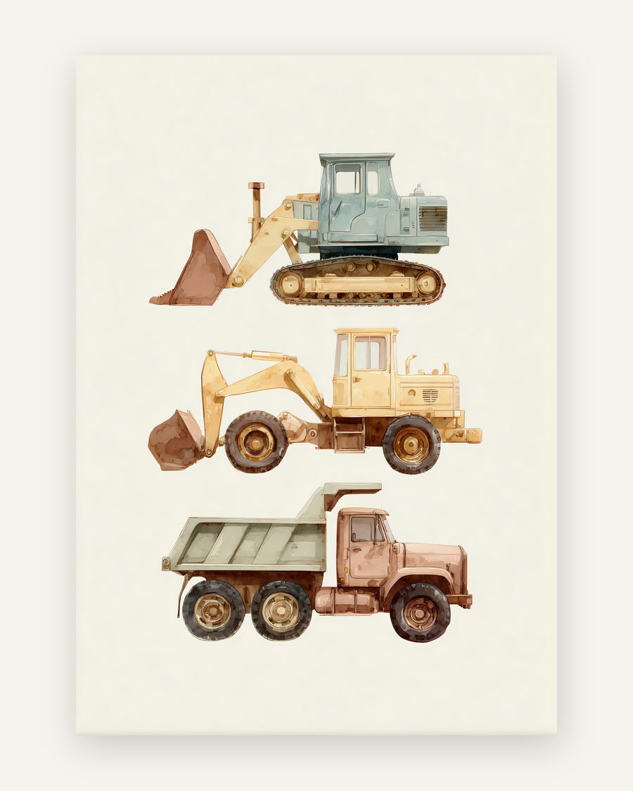 Børneplakat med tre byggemaskiner i akvarel: blå bulldozer, gul gummiged og lastbil i jordfarver