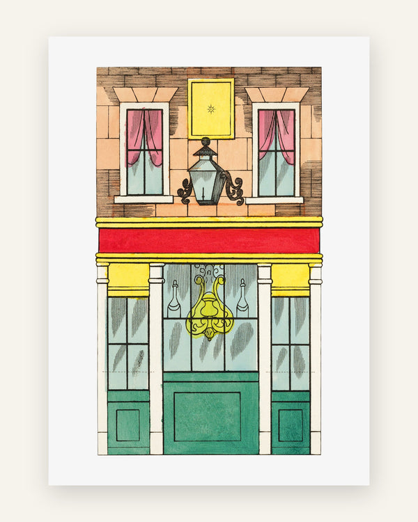 Plakat med charmerende butiksfacade i grønne toner