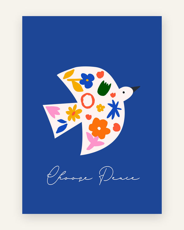Børneplakat med choose peace fredsdue i blå toner til børneværelset