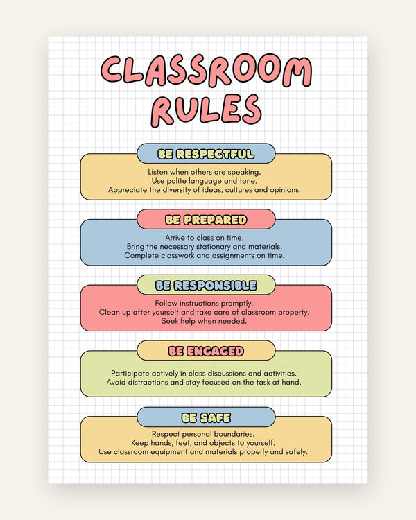 Børneplakat med classroom rules i bløde pasteller til børneværelset