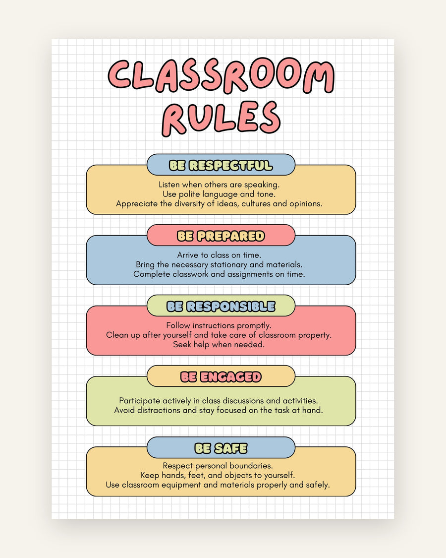 Børneplakat med classroom rules i bløde pasteller til børneværelset