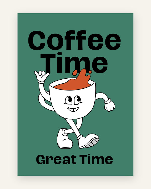 Børneplakat med coffee time maskot i grønne toner til børneværelset