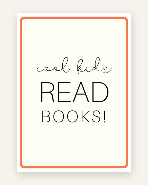 Børneplakat med cool kids read books i orange toner til børneværelset