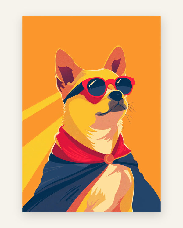 Børneplakat med gylden hund som superhelt med røde solbriller og blå kappe på orange baggrund i popkunst til drengeværelset