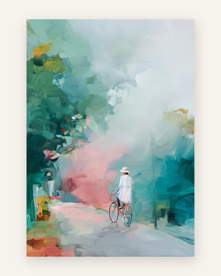 Børneplakat med cykeltur i pasteller i blå toner til børneværelset