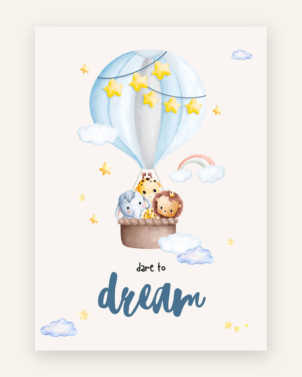 Børneplakat med dare to dream ballon i blå toner til drengeværelset