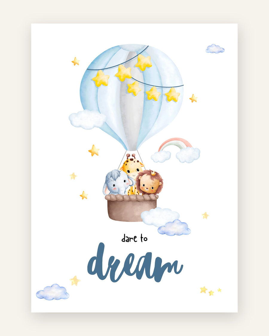 Børneplakat med dare to dream safari i blå toner til drengeværelset