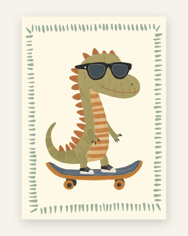 Børneplakat med grøn dinosaur med orange pigge og solbriller på blåt skateboard til drengeværelset