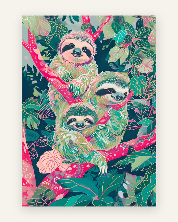 Livlig børneplakat med tre dovendyr på lyserøde grene i en frodig jungle i grøn og pink, til børneværelset.