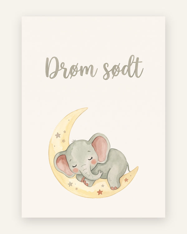 Citatplakat med sovende elefant på måne og teksten Drøm sødt