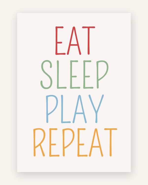 Børneplakat med eat sleep play repeat i friske farver til børneværelset