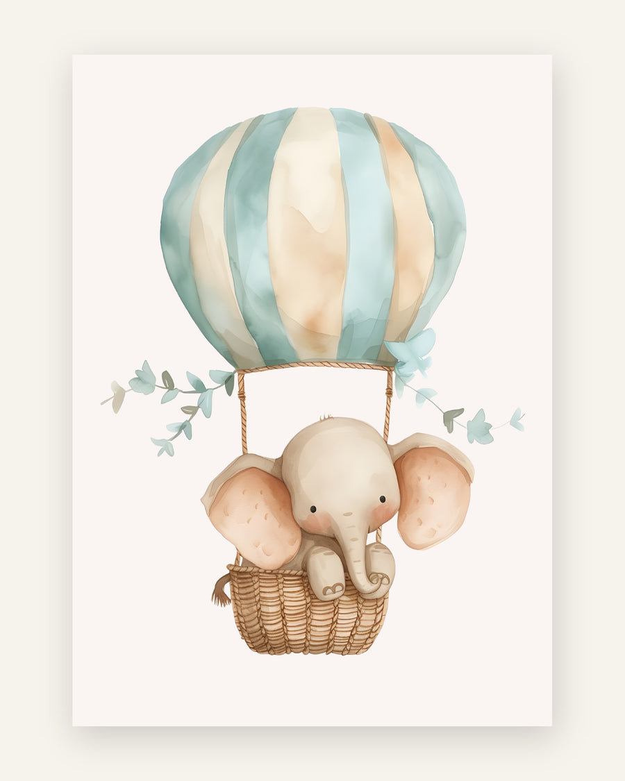 Børneplakat med elefant i blå luftballon til børneværelset