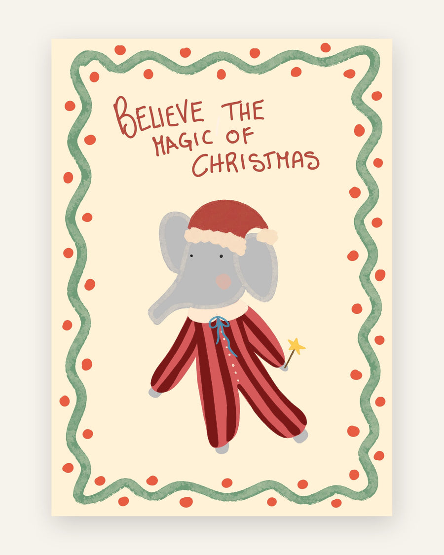 Børneplakat med elefant i julepyjamas i røde toner til børneværelset