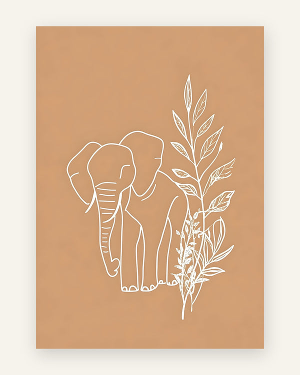 Børneplakat med elefant i linjekunst i beige til børneværelset