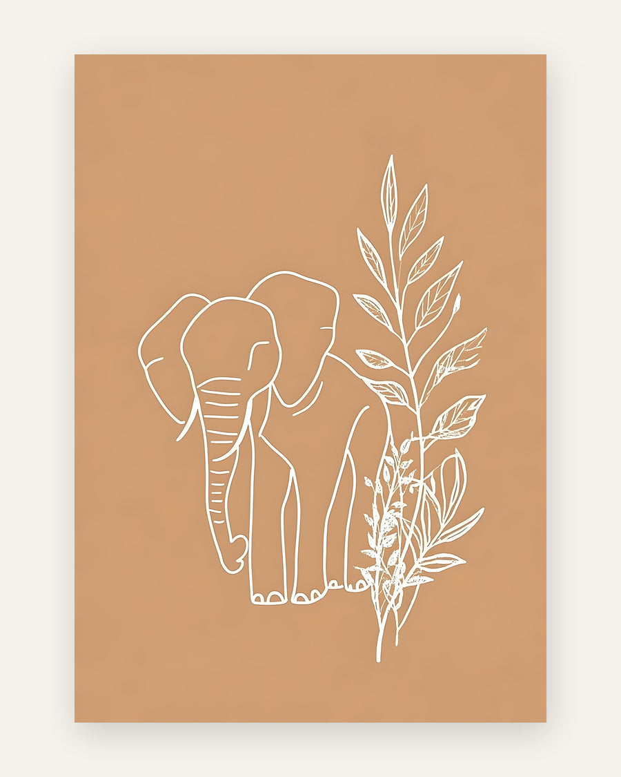 Børneplakat med elefant i linjekunst i beige til børneværelset