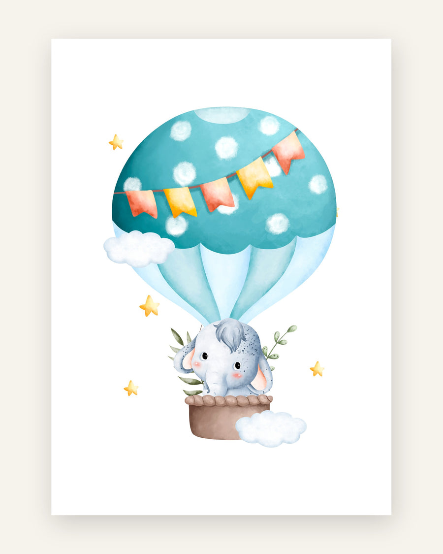 Børneplakat med elefant i luftballon i blå toner til drengeværelset