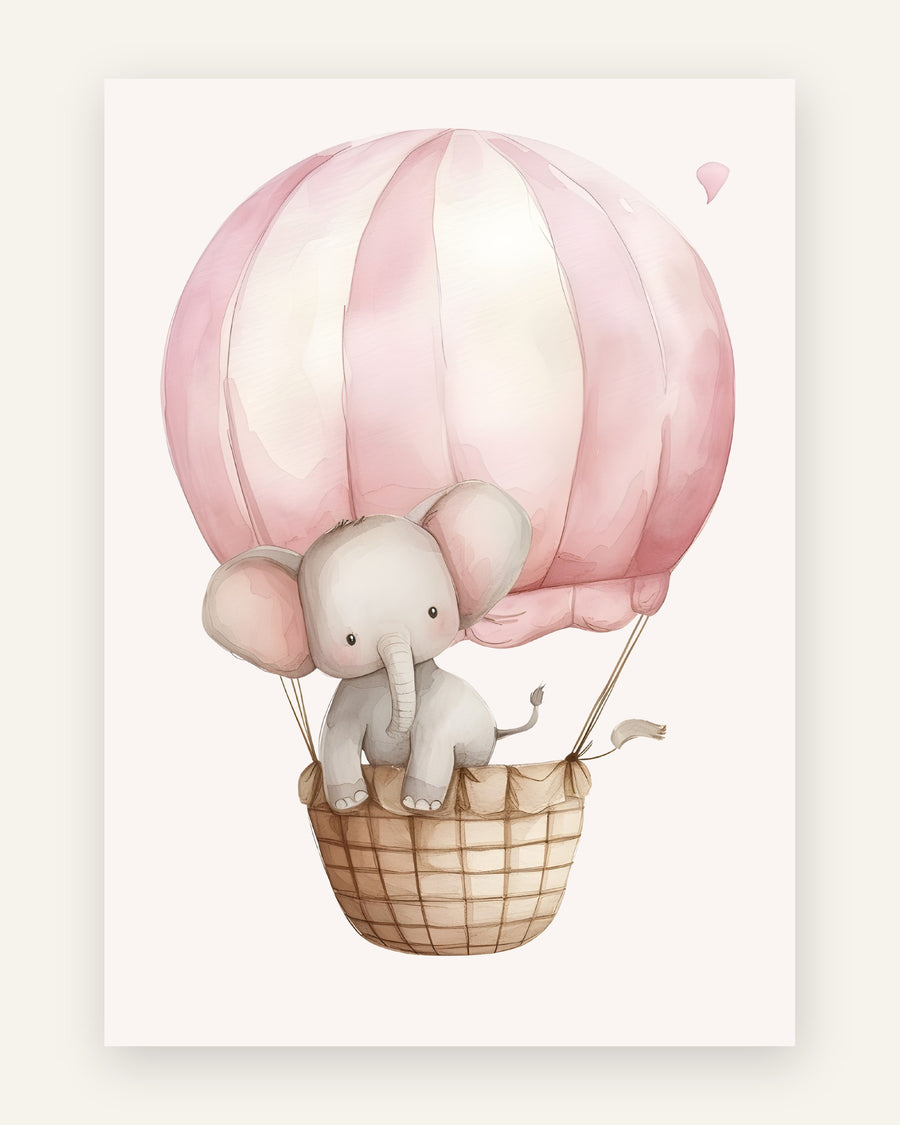 Børneplakat med elefant i lyserød luftballon i lyserøde toner til pigeværelset