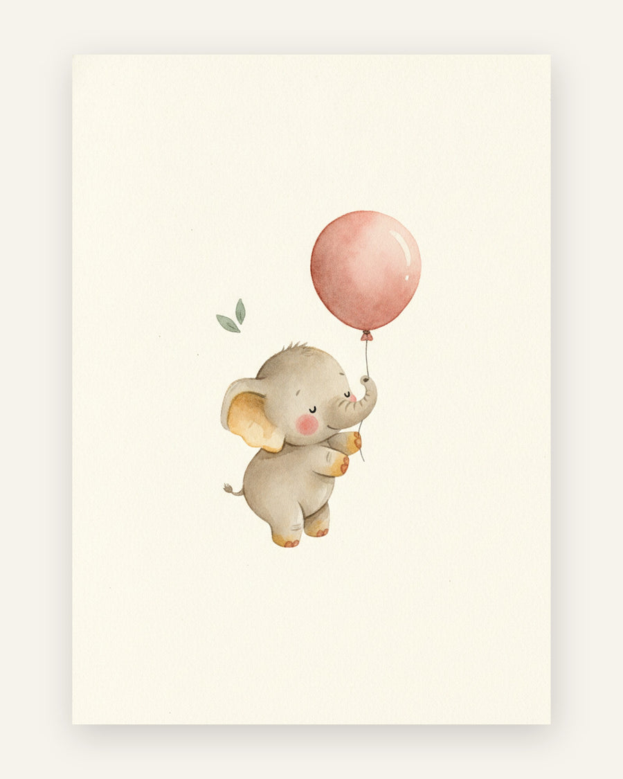 Plakat med lille elefant der løftes af støvet rosa ballon