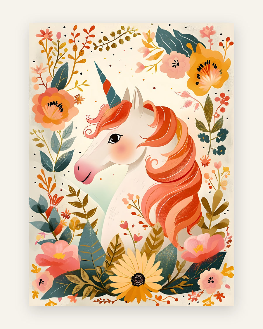Børneplakat med en sød hvid enhjørning med koral manke og turkis horn omgivet af rosa, orange og gule folkeblomster på cremehvid baggrund til pigeværelset