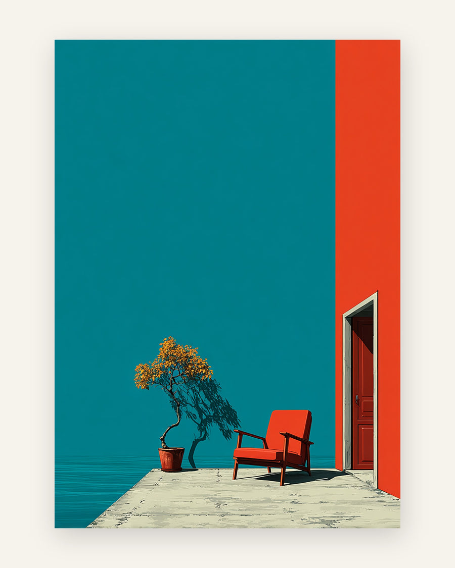 Minimalistisk plakat med rød lænestol, potteplante og rød dør ved havet i petrolblå og orange