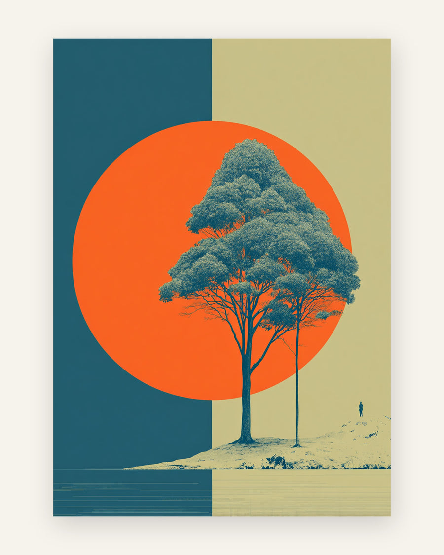 Retro grafisk plakat med petrolfarvet træ mod stor orange sol og todelt petrol og olivengrøn baggrund