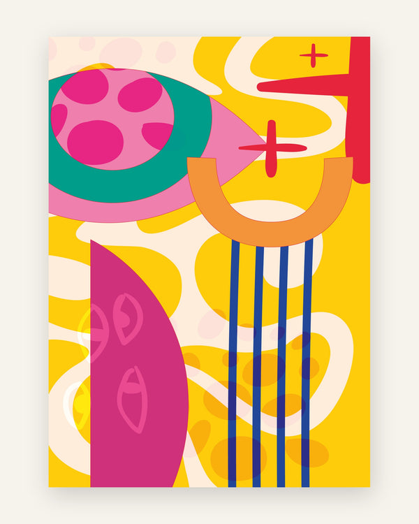 Dristig abstrakt plakat med gul baggrund, magenta former, orange bue og blå streger