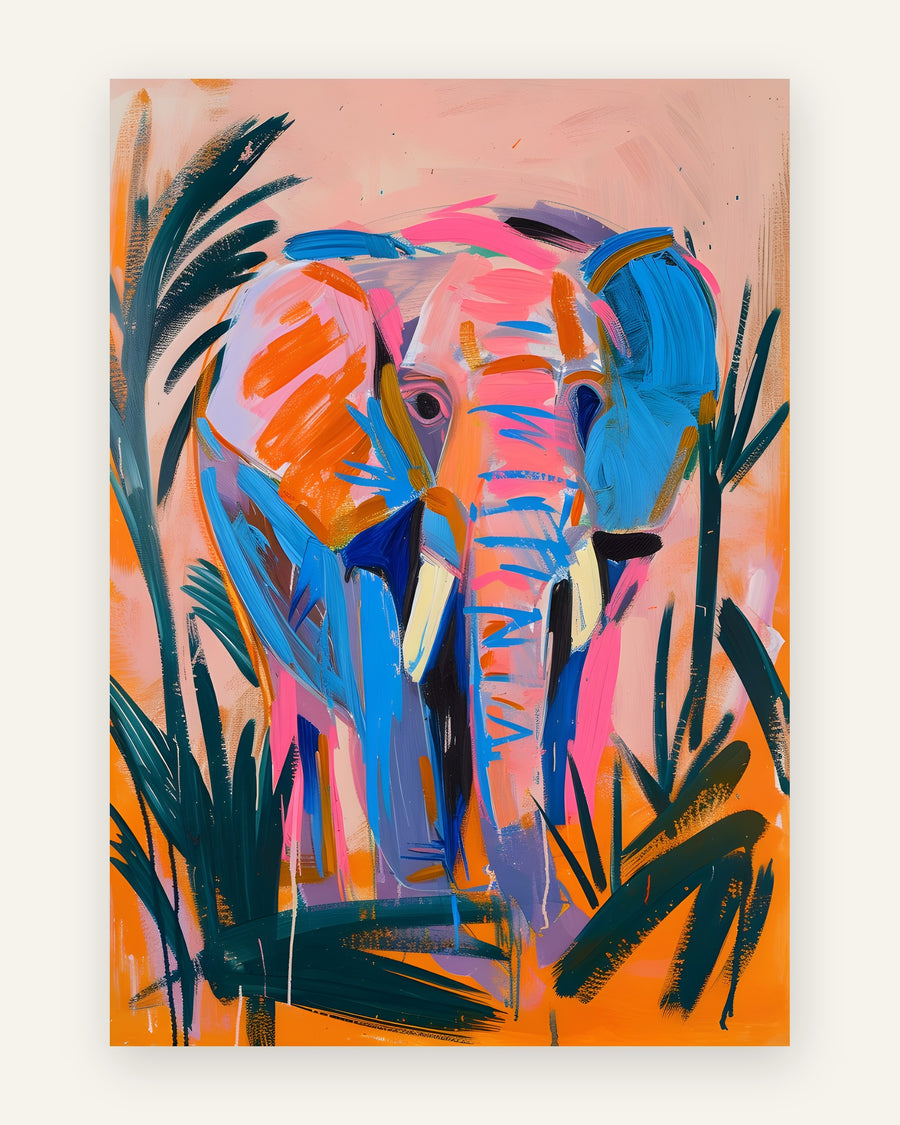 Børneplakat med farverig elefant i orange toner til børneværelset