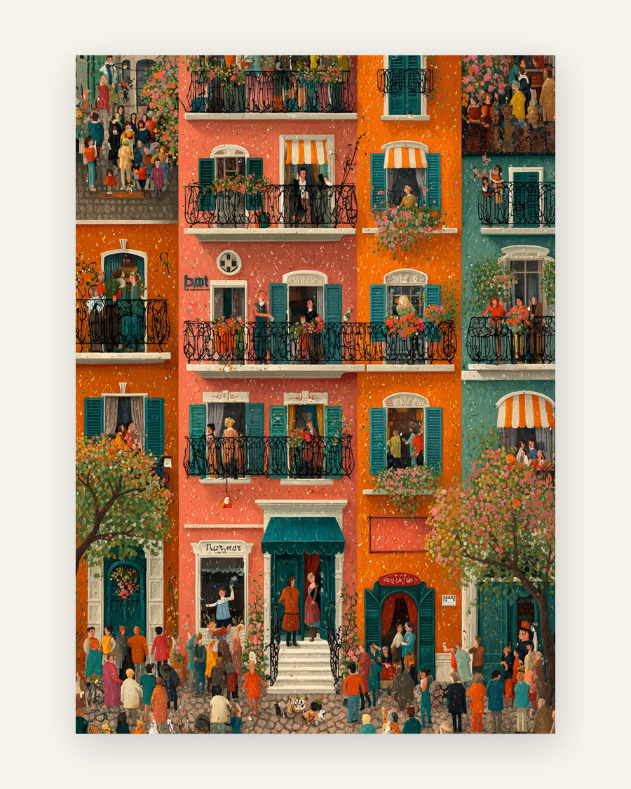 Plakat med farverig facade med balkoner i orange toner