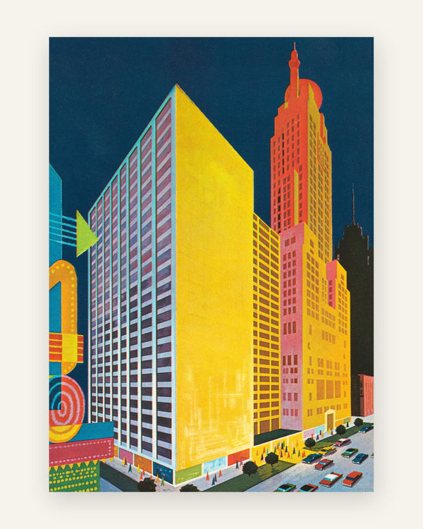 Plakat med farverig skyline i gule toner