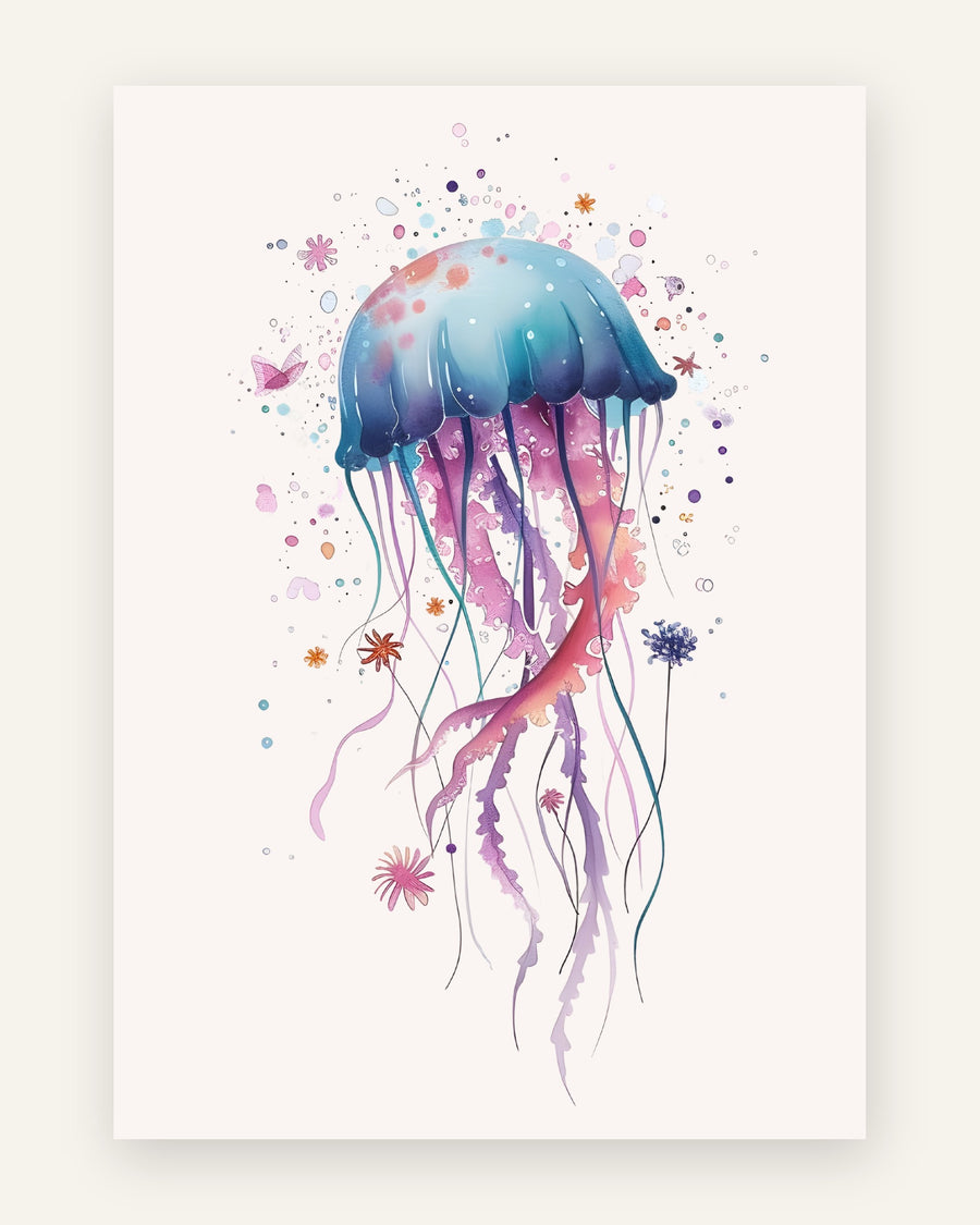 Børneplakat med en farverig akvarelvandmand med blå kuppel og flydende pink og lilla tentakler på cremet baggrund, til børneværelset