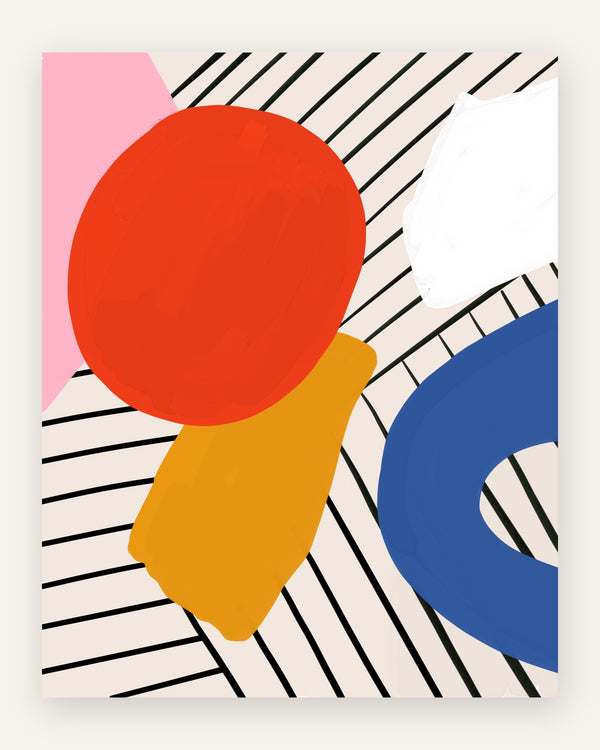 Abstrakt plakat med rød cirkel, gul og blå former over sorte diagonale striber på creme baggrund