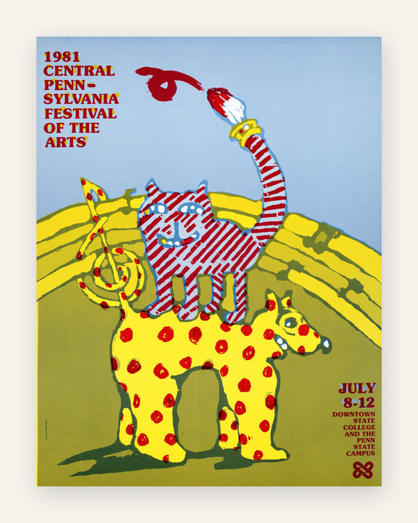 Vintage kunstfestivalplakat med en rød-hvid stribet kat ovenpå en gul, rødprikket hund mod gule bakker og blå himmel