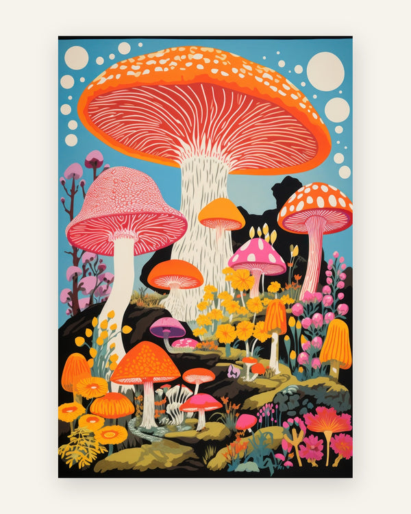 Farverig retro pop-art plakat med store svampe i orange, pink, rød og lilla omgivet af gule og pink blomster på blå himmel