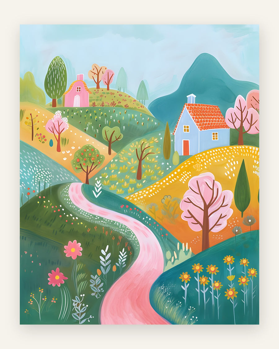 Plakat med farverigt bakkelandskab med huse i friske farver