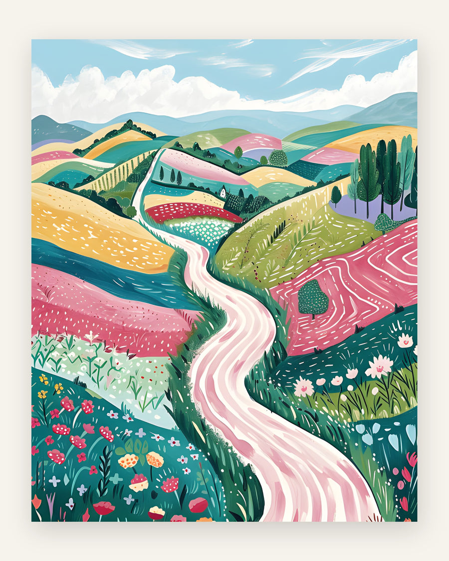 Naivistisk plakat med bølgende marker i pink og grønt, snoet lyserød flod og blomstereng til pigeværelset
