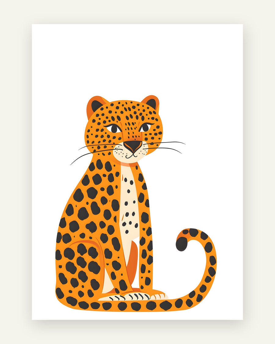 Børneplakat med fin leopard i orange toner til børneværelset